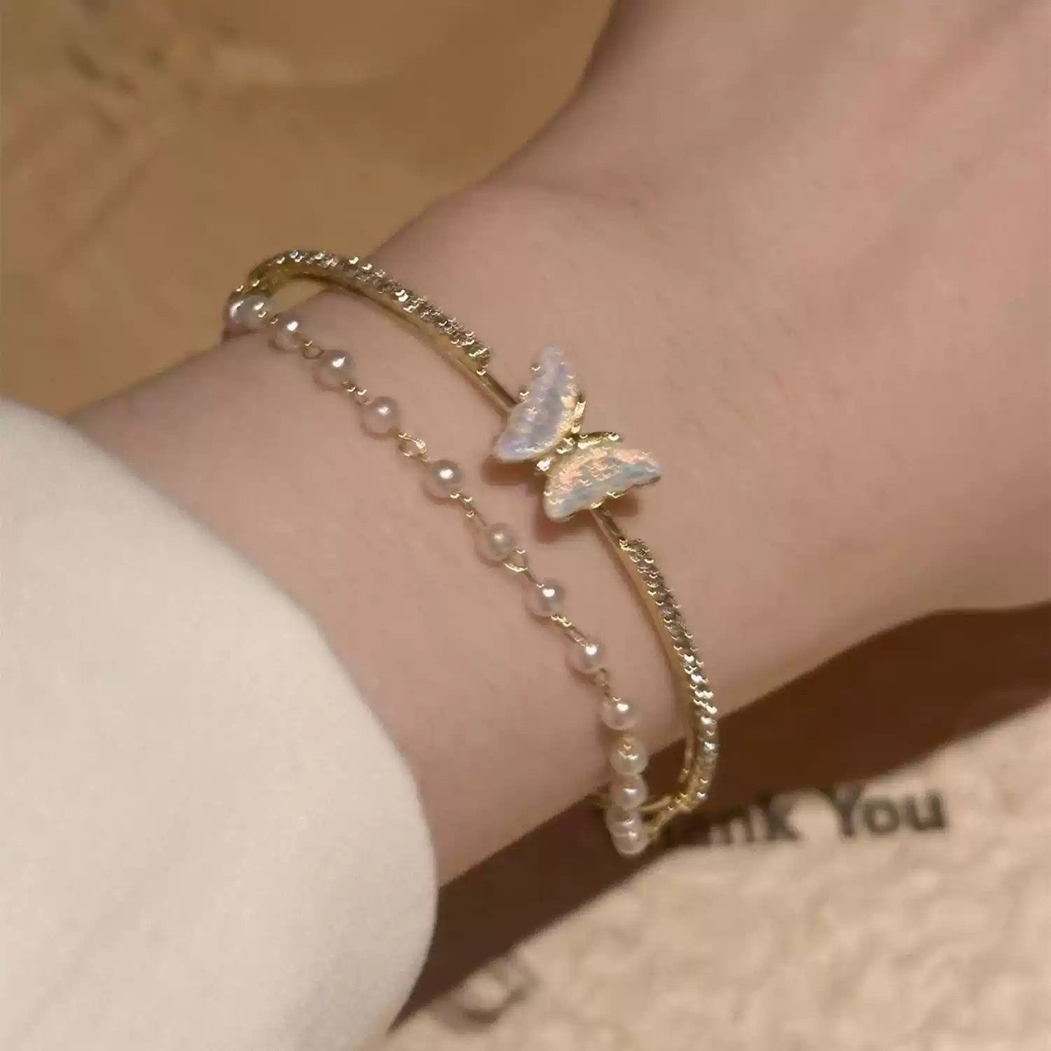 Double-Layer Colorful Butterfly Bracelet Adjustable Cuff, Fashionable Personalized Daily Jewelry for Women & Girls,Versatile Elegant Bracelet Gold