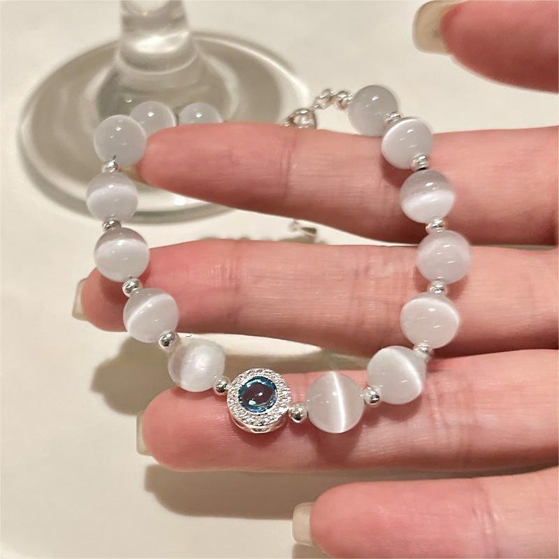 2-Piece Natural Cat's Eye Crystal Beaded Bracelet Set Healing Crystals Silver-Tone Adjustable Chain Perfect Gift for Women