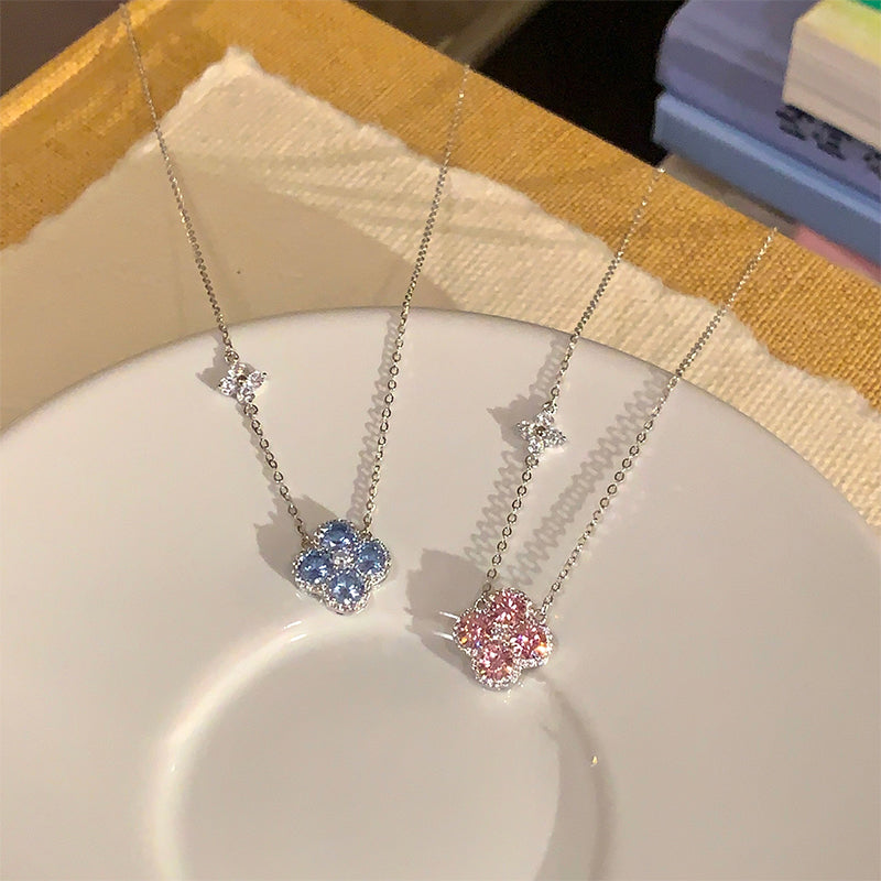 Four Leaf Clover Necklace ,Blue Zirconia Jewelry Necklace