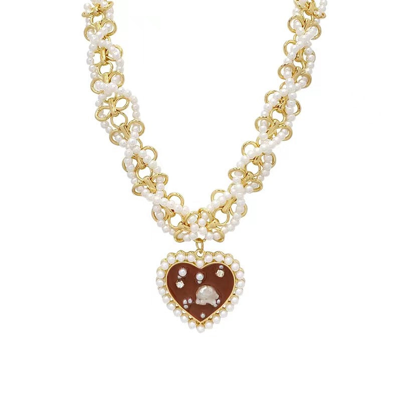 Women Heart Pendant Necklace Red Heart & Pearls Choker Daily Wear Necklace Jewelry for Gifts