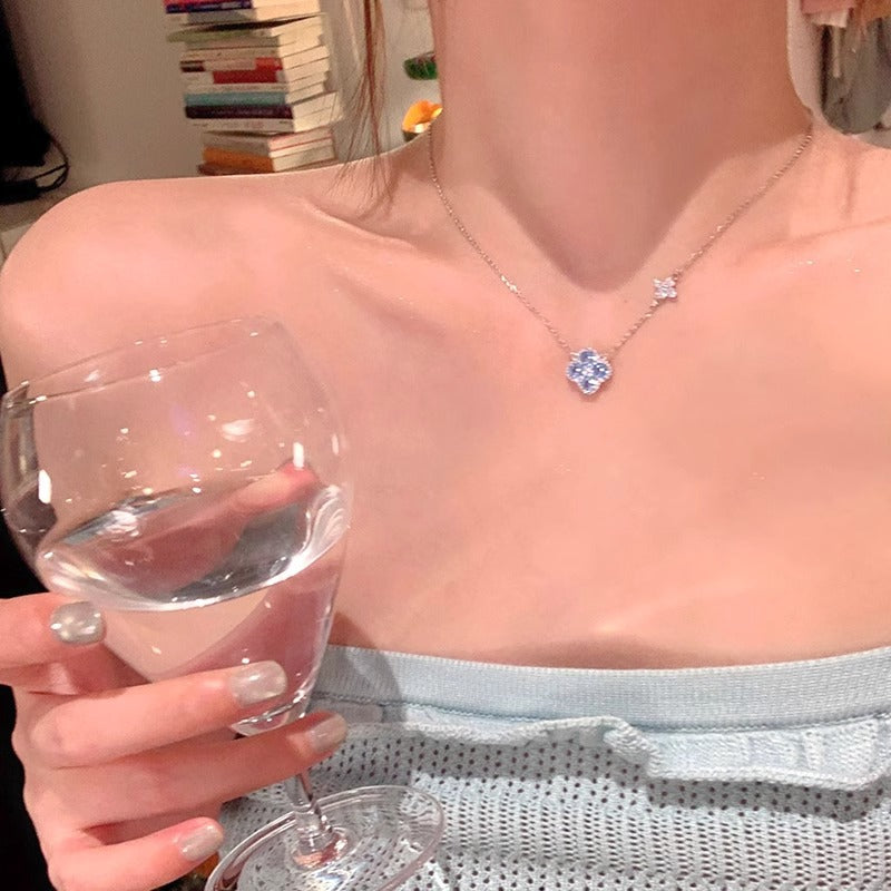 Four Leaf Clover Necklace ,Blue Zirconia Jewelry Necklace