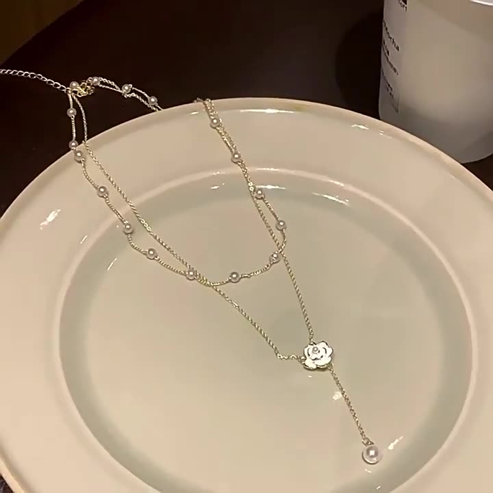 Bohemian Layered Pearl Camellia Flower Pendant Necklace Gold