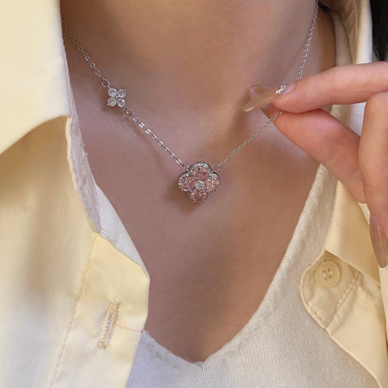 Four Leaf Clover Necklace ,Pink Zirconia Jewelry Necklace