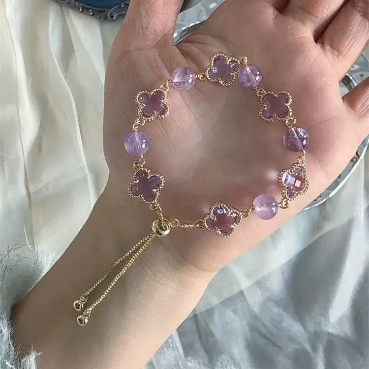Lucky Clover Amethyst Bracelet | Protection & Healing Crystal Jewelry | 8mm Gemstone Beaded Adjustable Bracelet | Lucky Energy Guardian Gem Gift for Women (Amethyst)