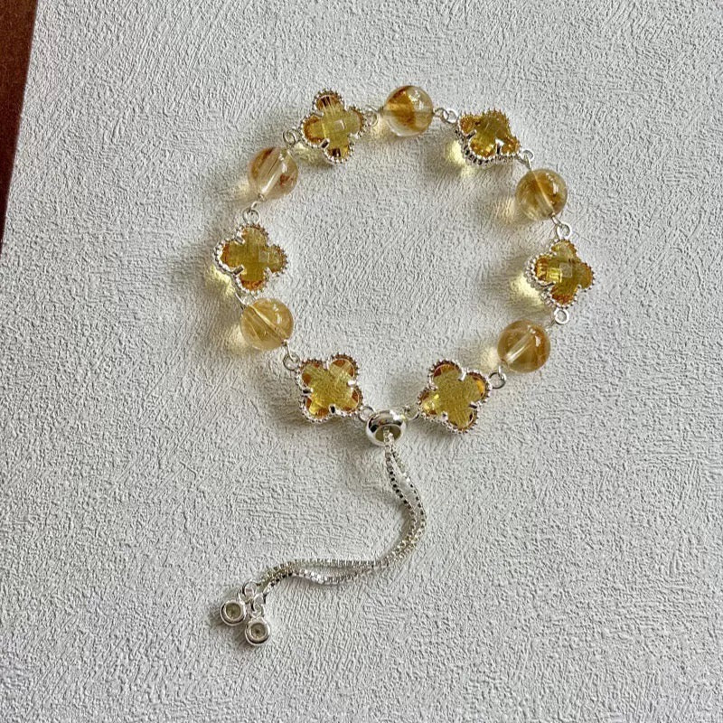 Lucky Clover Citrine Bracelet | Protection & Healing Crystal Jewelry | 8mm Gemstone Beaded Adjustable Bracelet | Lucky Fortune Gem Gift for Women (Citrine)