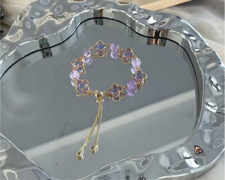 Lucky Clover Amethyst Bracelet | Protection & Healing Crystal Jewelry | 8mm Gemstone Beaded Adjustable Bracelet | Lucky Energy Guardian Gem Gift for Women (Amethyst)