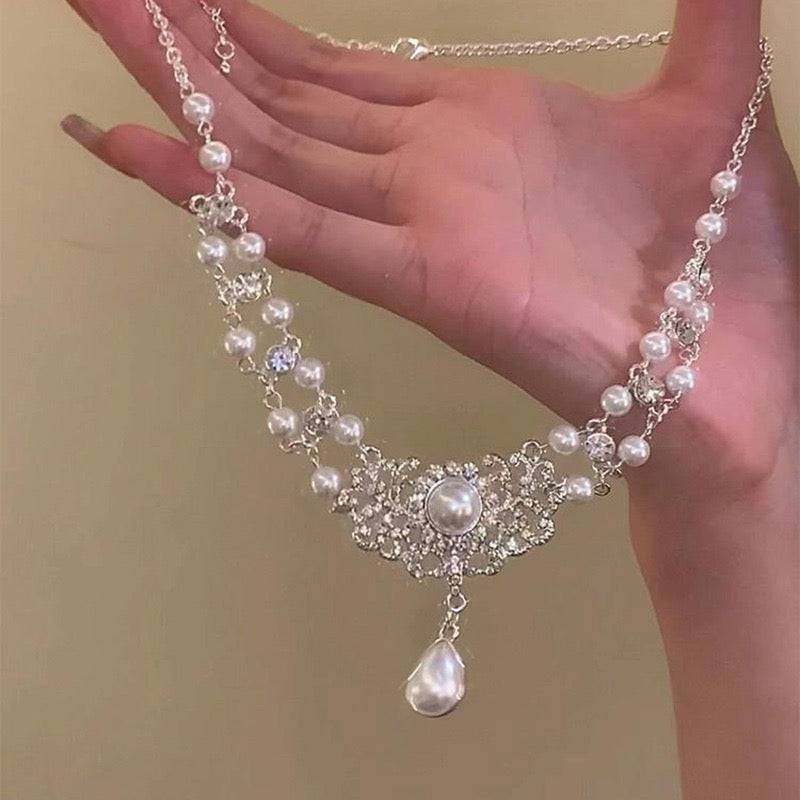 Zirconia pearl necklace Double-layered pearl collarbone chain