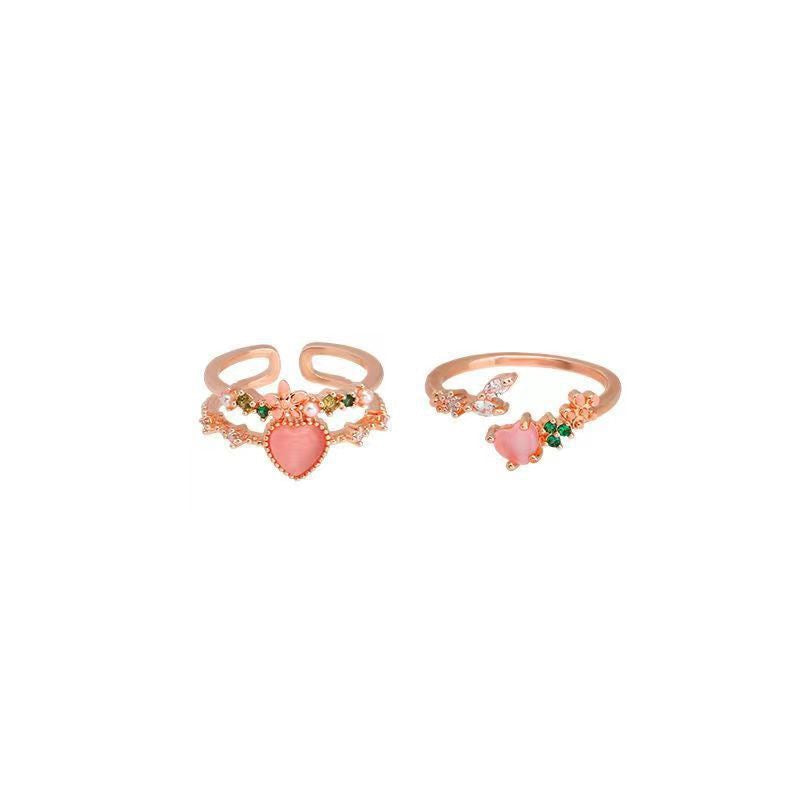 Heart Ring set, Cute and Simple 14K Gold Plated Cat's Eye Stone Ring, Adjustable Opening