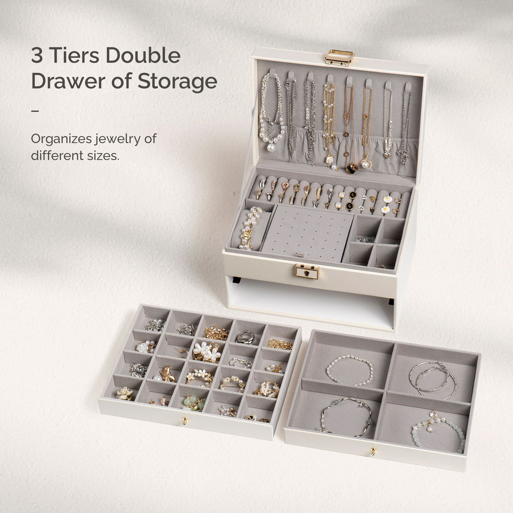 3 Layers PU Leather Jewelry Storage Box with Lock