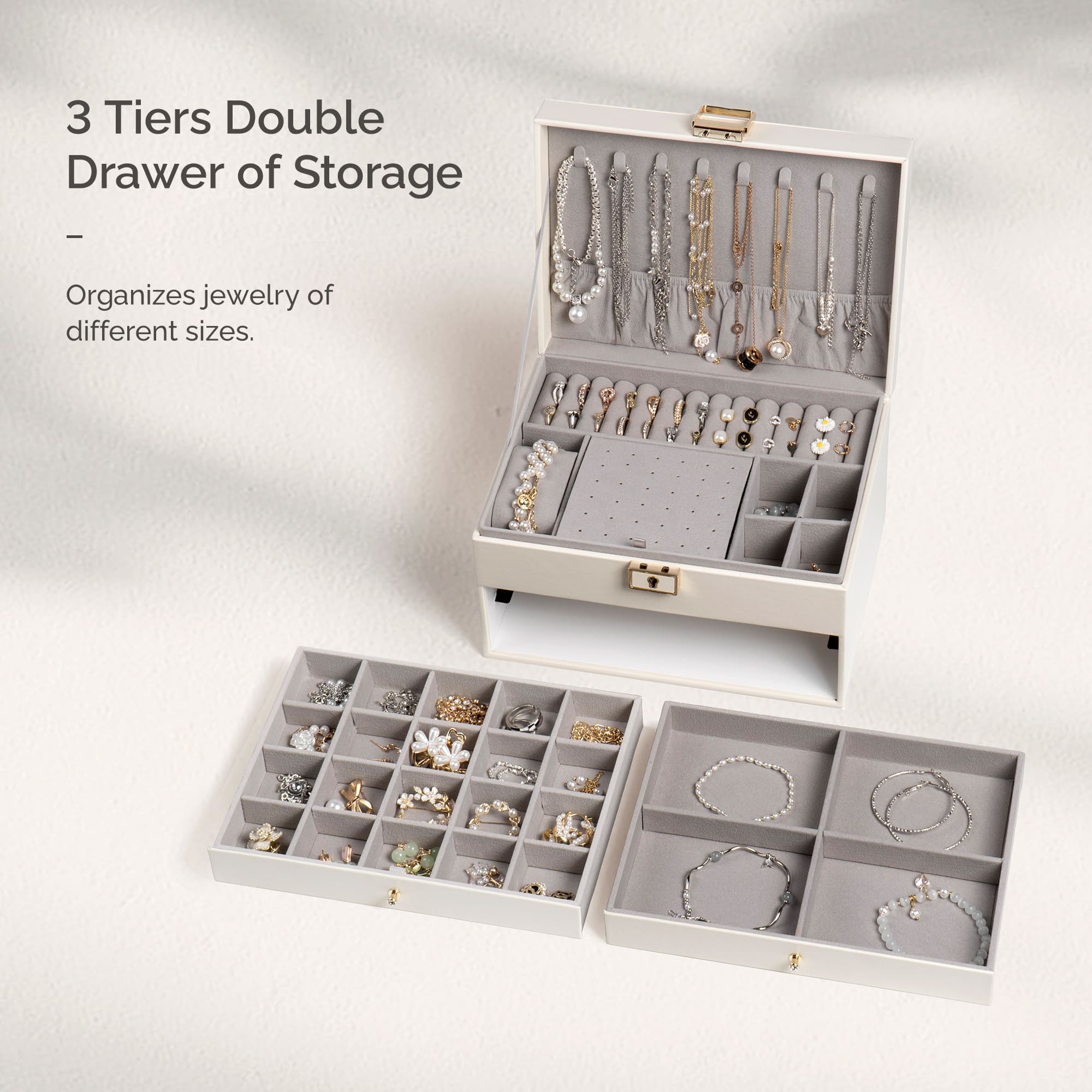 3 Layers PU Leather Jewelry Storage Box with Lock